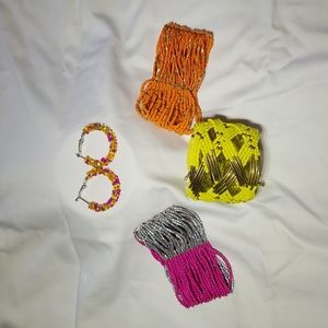 Yellow, Orange and Pink beaded earrings and cuff bracelets set